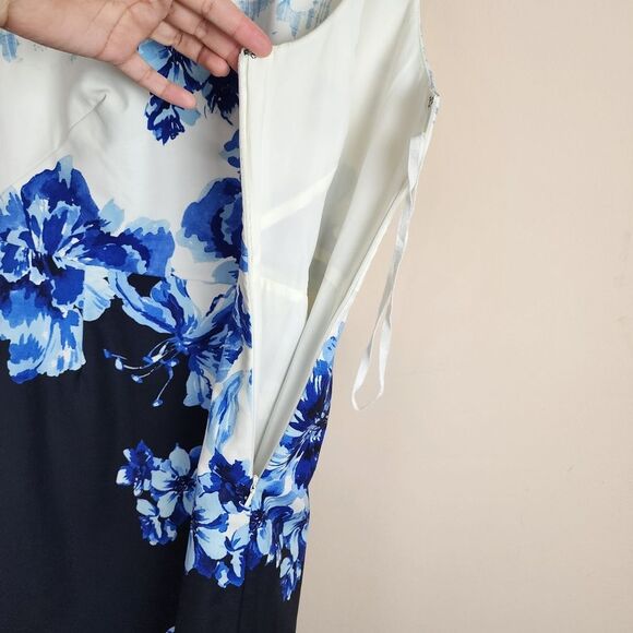 Anthropologie Maeve Sheath Floral Dress Blue Off White Navy Cotton Stretch 6P - Picture 6 of 13
